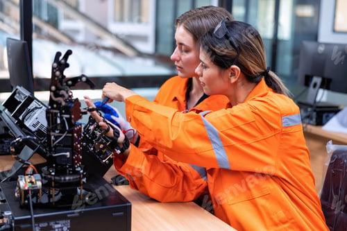 Preview: Girl engineer doing robot project testing cyborg hand control signal as high technology innovation