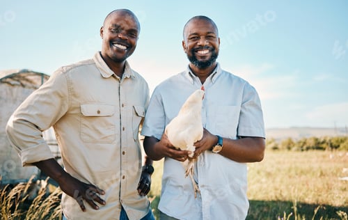 Preview: Portrait, chicken and a happy farmer team in the agriculture industry for sustainability or free ra