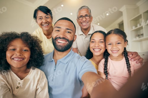 Preview: Happy, portrait of big family and selfie in home, bonding together and love. Face, profile picture