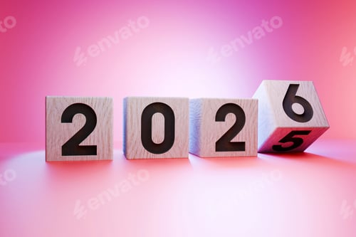 Preview: Wooden cubes with numbers forming 2026, symbolizing upcoming new year, transition from 2025 to 2026