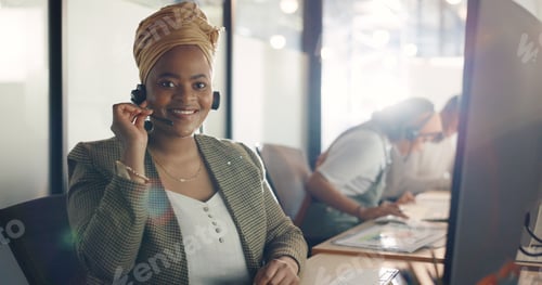 Preview: CRM, happy customer service or consultant black woman with smile for success telemarketing, help or