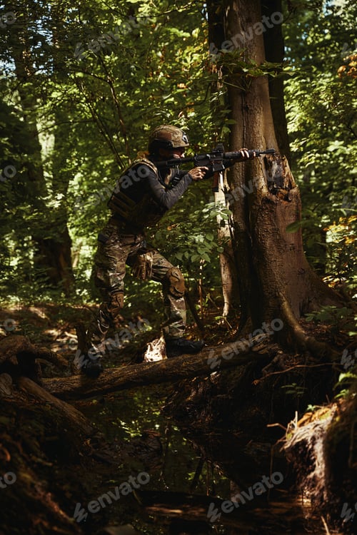 Preview: Female person in dangerous military conditions of war