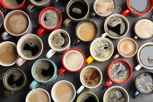 Preview: Many cups with tasty aromatic coffee on table, flat lay