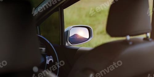 Preview: Reflection of a gorgeous Mount Fuji in a side mirror of a car while parking to take photos concept
