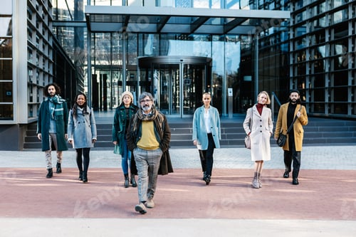 Preview: Successful diverse business group of people walking to the camera