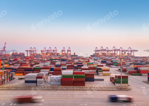 Preview: container port at dusk