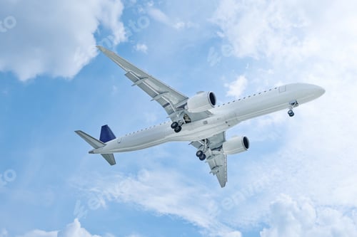Preview: Airplane flying against a blue sky and white clouds. Element for design.