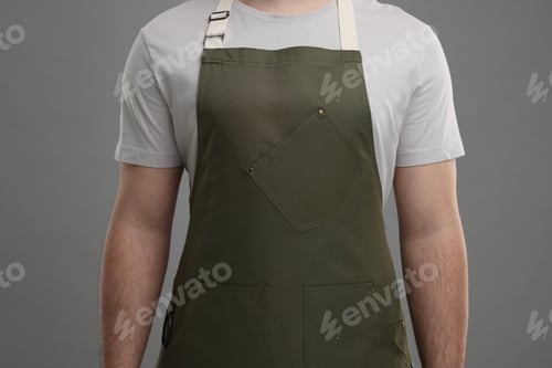 Olive Green Apron Worn Over Casual Gray Shirt