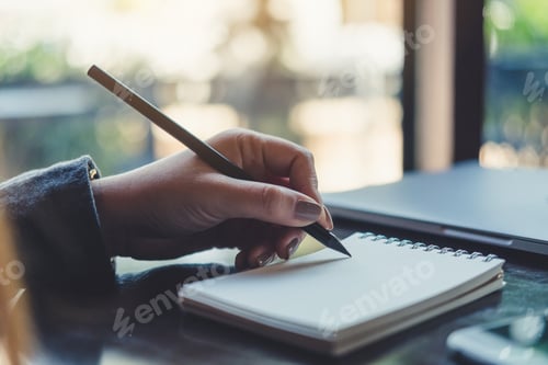 Preview: Closeup image of a woman's hands writing on notebook on the table
