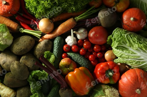 Preview: Different fresh ripe vegetables as background, top view. Farmer produce