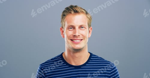 Preview: Happy man, portrait and fashion with positive attitude for casual style or confidence on a gray stu
