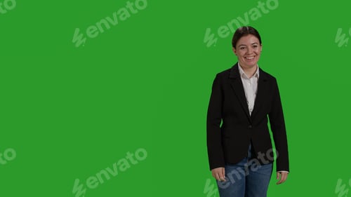 Preview: Front view of manager standing on greenscreen backdrop