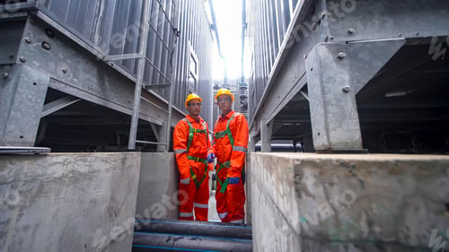 Preview: Workers in safety gear inspecting industrial equipment at an urban facility