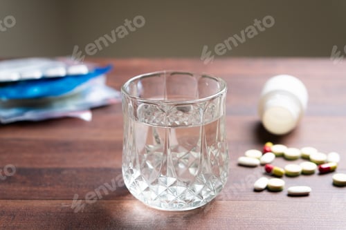 Preview: Scattered Pills and Syringe on Wooden Table