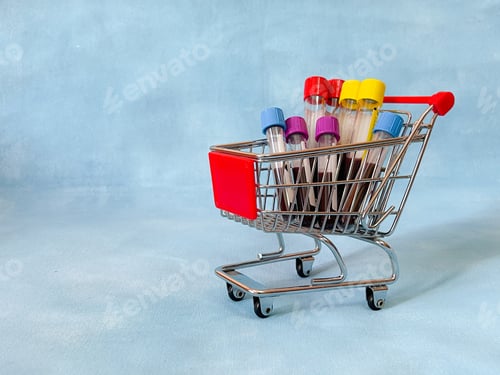 Preview: Some glasses vacutainer with blood analysis in a shopping basket.
