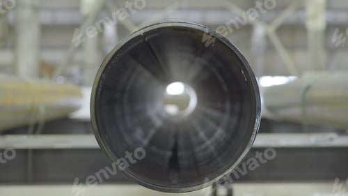 Preview: New industrial metal sewer pipes front view, close up. Pipe front view