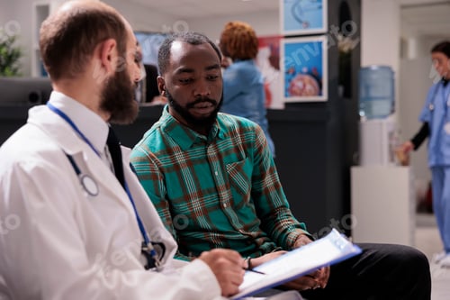 Preview: Medic physician talking to male patient in waiting room