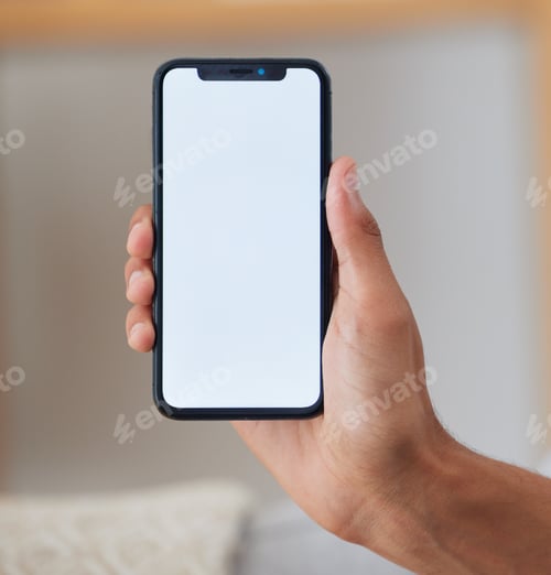 Preview: Phone screen, mockup and hands of man on sofa for networking, social media and space. Internet, sho
