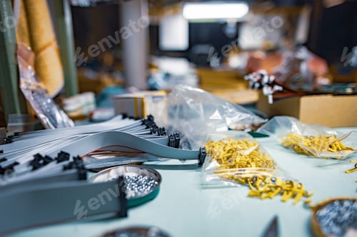 Preview: Many bolts and nuts, plastic components and tools lie on the table in the workshop