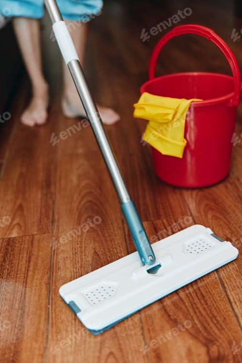 Preview: Woman mopping wooden floor with bucket and red mop nearby