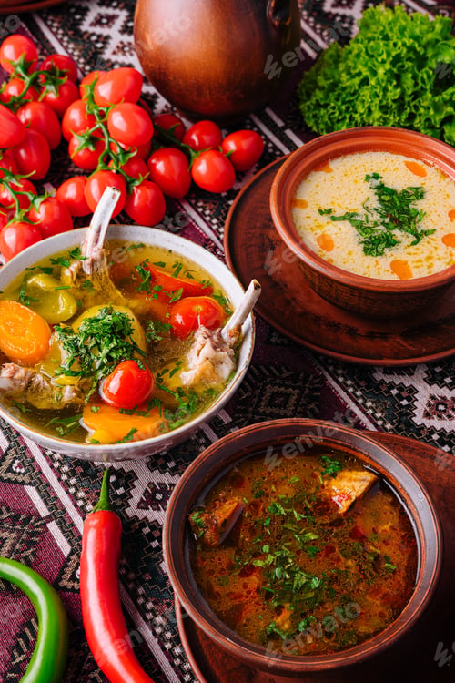 Preview: Traditional homemade soup served in earthenware bowls