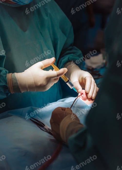 Preview: Surgeons Performing Operation with Syringe in Operating Room