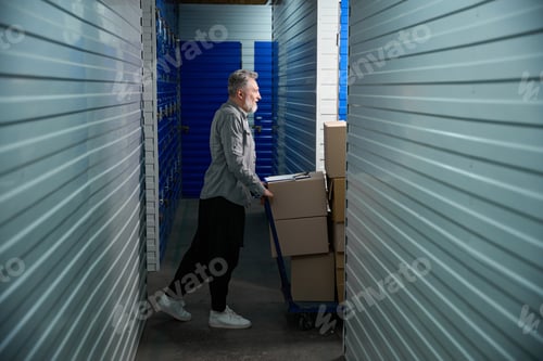 Preview: Man carrying large trolley filled with stacked boxes