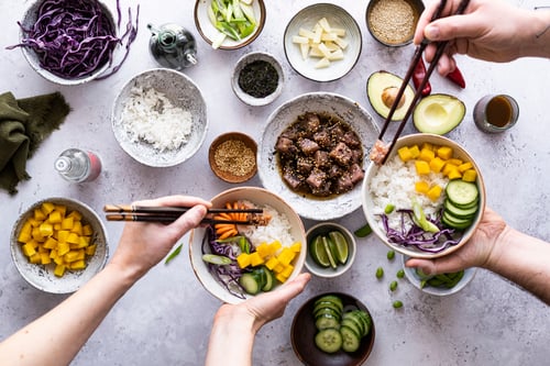 Preview: Hawaiian ahi tuna with vegetables flat lay photography