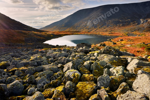 Preview: Rocks and autumn colours in Malaya Belaya River valley, Khibiny mountains, Kola Peninsula, Russia
