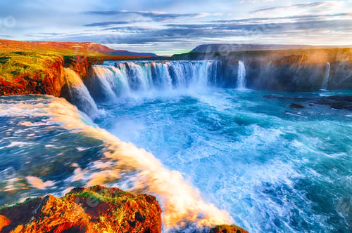 Preview: Fantastic sunrise scene of powerful Godafoss waterfall.