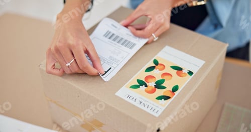 Preview: Online order, delivery label and woman hand with small business sticker for cardboard box. Stock, s