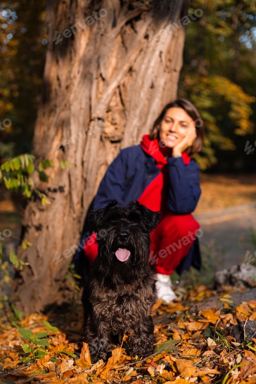 Preview: Early morning. Happy woman sleepy eyes with dog in park, autumn orange yellow colors.