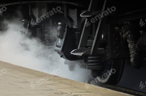 Preview: Black wheels of an old USSR locomotive. Vintage wheels of an old soviet freight railcar