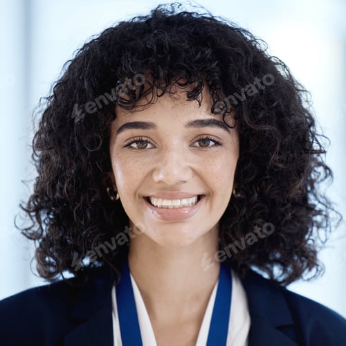 Preview: Business woman, portrait and happy with success and professional headshot, corporate goals with vis
