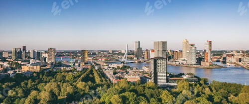 Preview: Rotterdam Netherlands cityscape and Erasmus bridge. Panoramic view from Euromast tower, sunny day