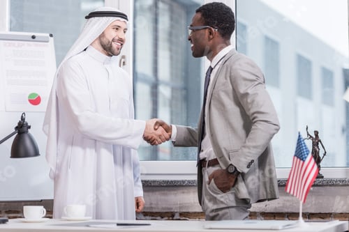 Preview: Cheerful businessmen shaking hands and smiling in office