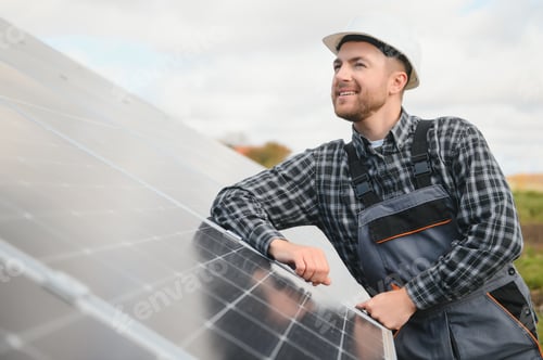 Preview: Expert is inspecting quality of a solar batterys. Worker in uniform and helmet with equipment