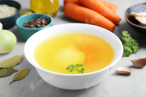 Preview: Delicious chicken bouillon and ingredients on light grey textured table, closeup