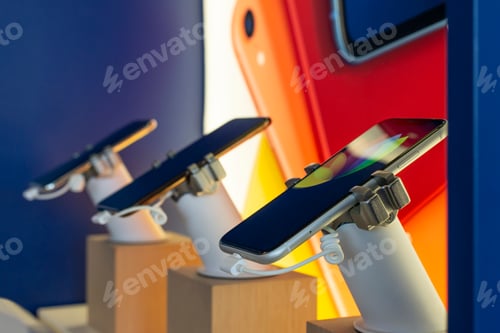 Preview: Cell Phones on shelf in telecommunication shop. Lights over GSM