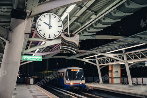 Preview: Sky train arriving on platform and big clock in Bangkok metropolis