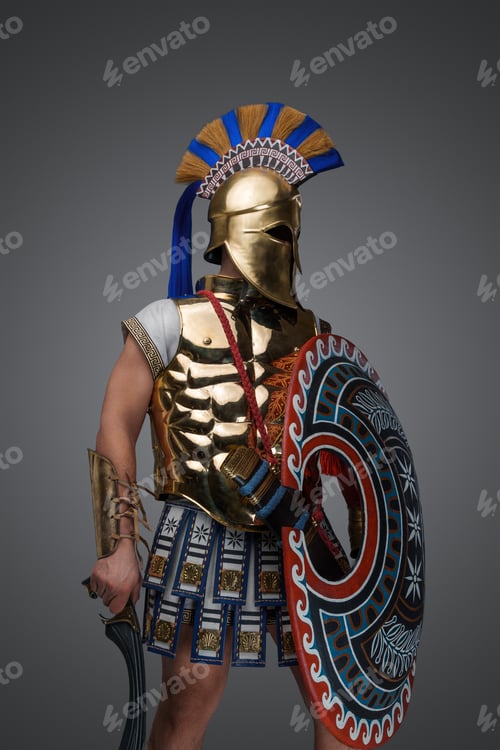 Preview: Combative greek swordsman from past against gray background