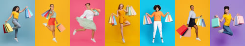Preview: Colorful Collage of Shoppers With Bags Jumping Up, Enjoying Shopping Spree