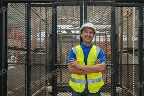 Preview: Smiling portrait of a male supervisor standing in warehouse with his arm crossed looking at camera