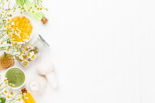 Preview: Spa still life with homemade cosmetic chamomile, herbal oil, soap, sea salt.