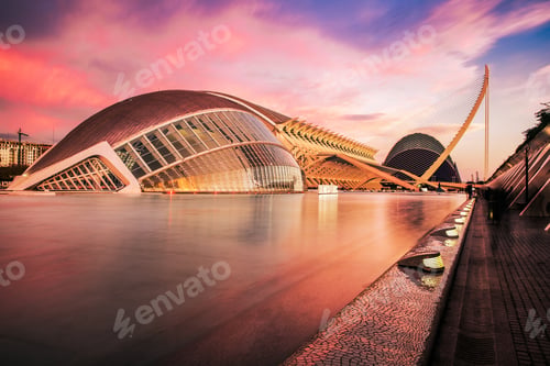 Preview: The city of the Arts and Sciences, Ciudad de las Artes y las Ciencias at sunset in Valencia, Spain.