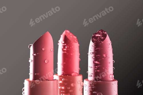 Preview: Three moisturizing lipsticks with water drops on a dark background.