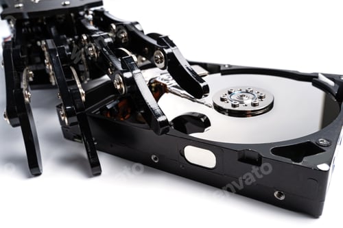 Preview: Real robotic hand with Hard disk drive. Concepts of AI-powered data protection or machine learning