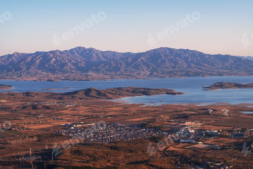 Preview: Aerial view of a small town on the lakeside su near Beijing, China