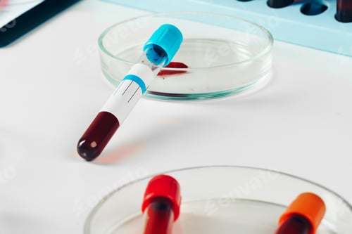 Preview: Blood test analysis with Petri dish close up