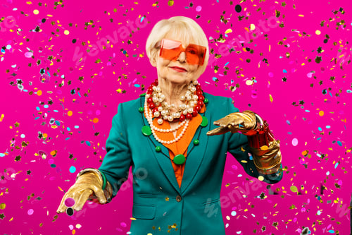 Preview: Cool and stylish senior old woman with fashionable clothes
